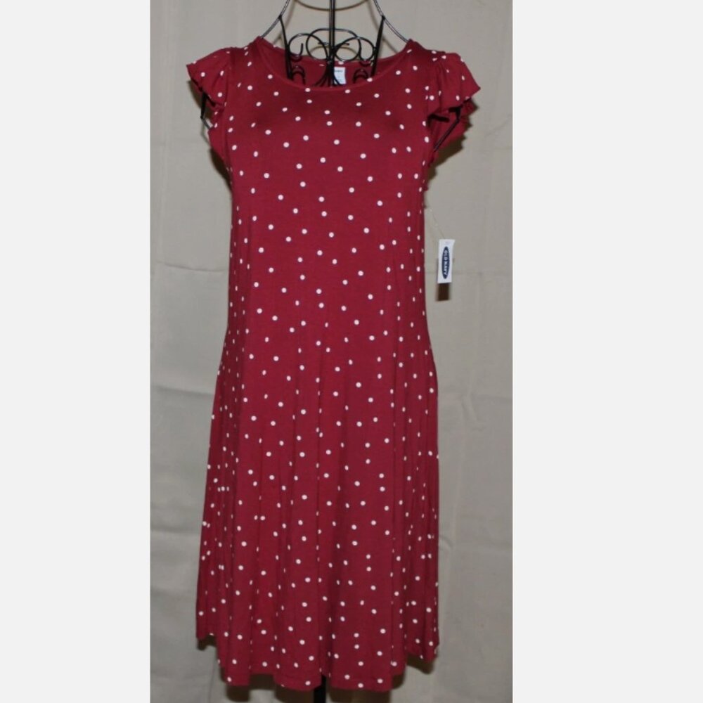 Dark Red & White Polka Dot Dress Cap Sleeves Sz S Rayon Spandex NWT Old Navy